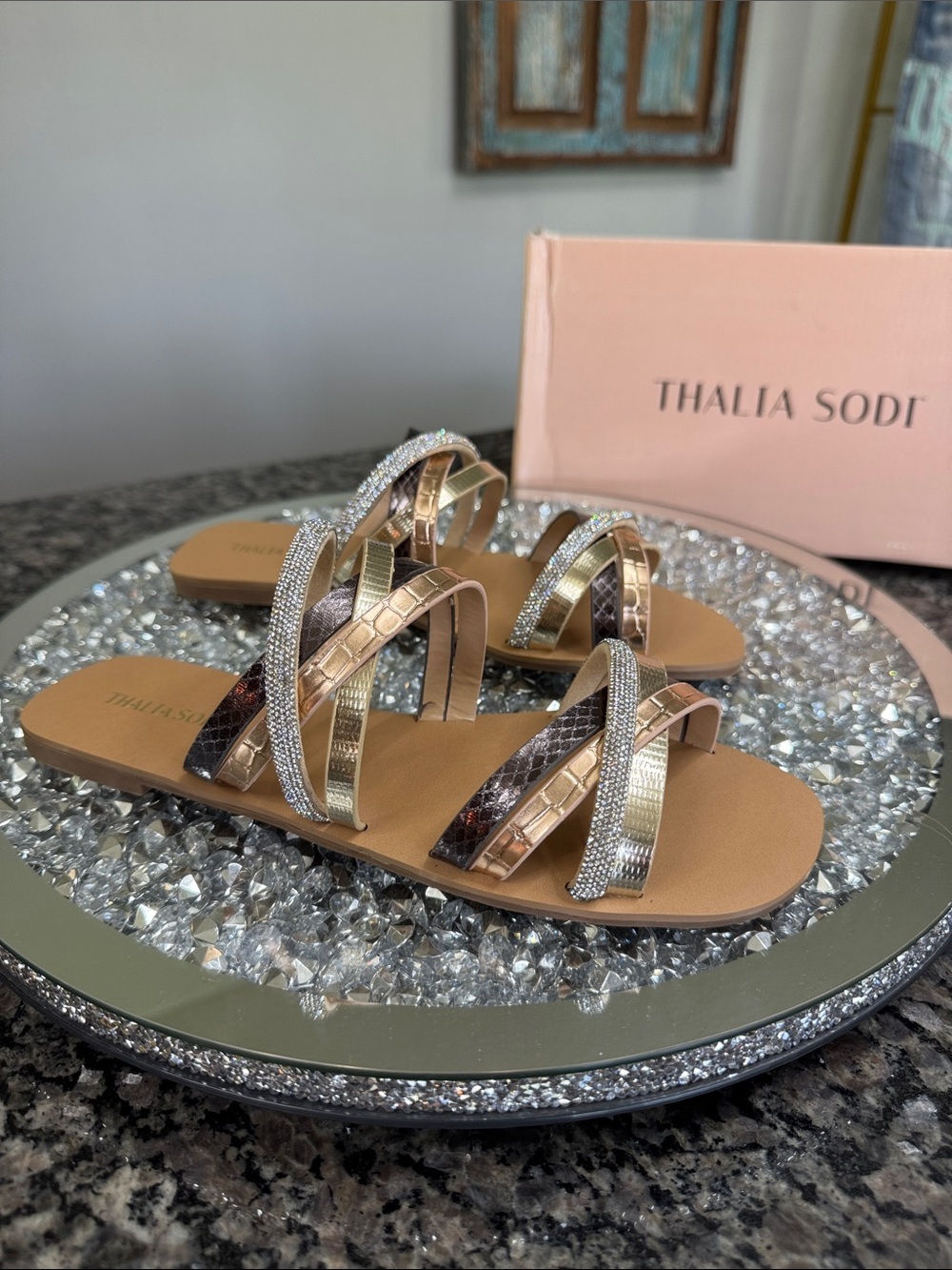 Thalia Sodi Multi-Texture Rhinestone Slide Sandals - Metallic Gold & Brown